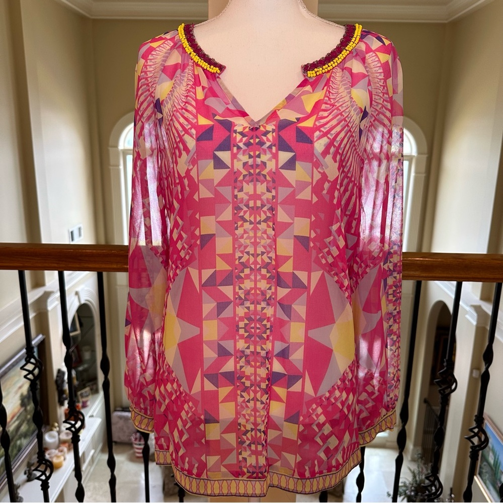 Hale Bob, Geometric print sheer tunic blouse/cover-up. Size M